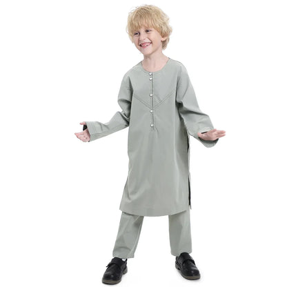 Muslim family    Muslim Kids Jubba Thobe Arab Boy Thobe Children Abaya Ramadan Dress Pant Set 2 Piece Caftan Robe Kaftan Musulman Ensembles