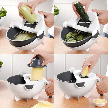 Kitchen  9 in 1 Multifunction Vegetable Cutter with Drain Basket Magic Rotate Colander New Vegetable Portable Slicer Chopper Grater