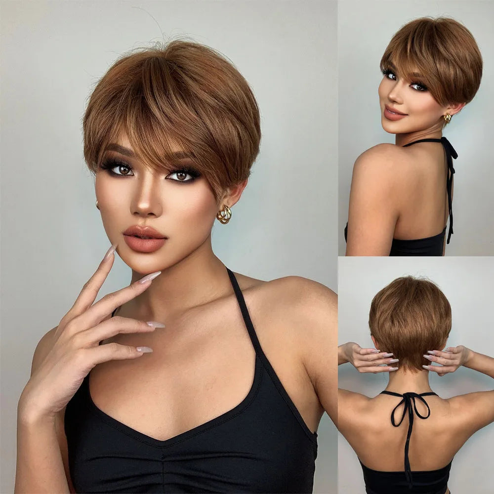 Crown & Glory Wigs HENRY MARGU Dark Root Ombre Brown Blonde Short Hair Wigs Fluffy Pixie Cut Synthetic Wig for Black White Women Heat Resistant