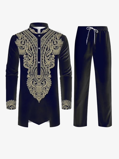 Muslim family   New Muslim Men's Robe Black Yellow Black Long Sleeve Pants Arab Men's Suit New Pattern Printed Multi Color Combination Matching