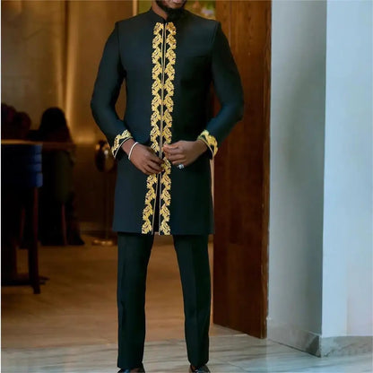 Muslim family   Luxury Men's wedding suit Nigerian Embroidery Agbada African Best Man dress Set Two-piece wedding top and trousers Ethnic style