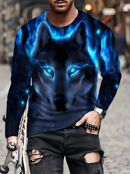 Men clothing Street Fashion Men's Long Sleeve T-shirt  Wolf Print