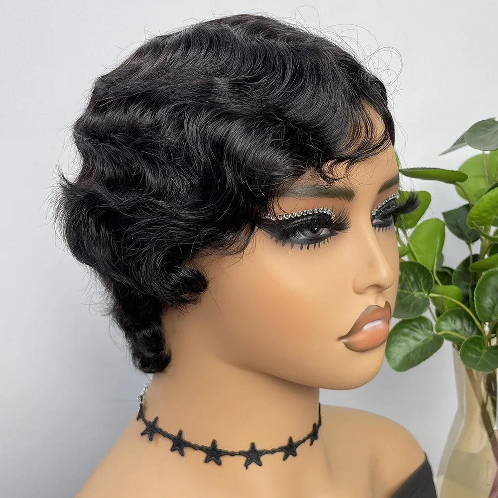 Crown & Glory Wigs  Short Finger Wavy Wig Full Machine Made Curly Black Cute Nuna Wig African Black Wigs for Women Mommy Wig Short Pixie Cut Wigs