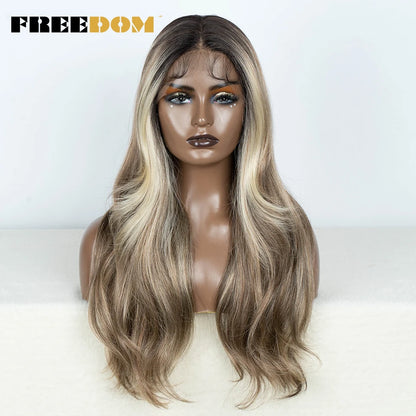 Crown & Glory Wigs  FREEDOM Synthetic Lace Front Wigs For Women Straight Lace Wig With Baby Hair 24 inches Ombre Brown Highlight Wigs Cosplay Wig