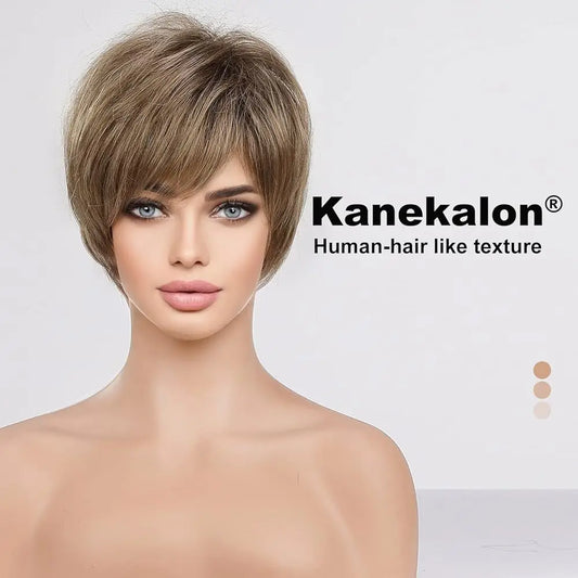 Crown & Glory Wigs  Pixie Cut Short Bob Wigs with Bang Brown Layered Straight Kanekalon Synthetic Wig Human-hair Like Texture Natural Daily Use Hair