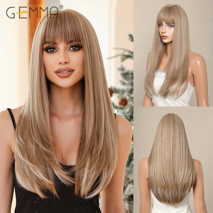 Crown & Glory Wigs  Mixed Brown Blonde Synthetic Long Straight Layered Wig Natural Hair Cosplay Party Wigs with Bangs for Women Afro Heat Resistant