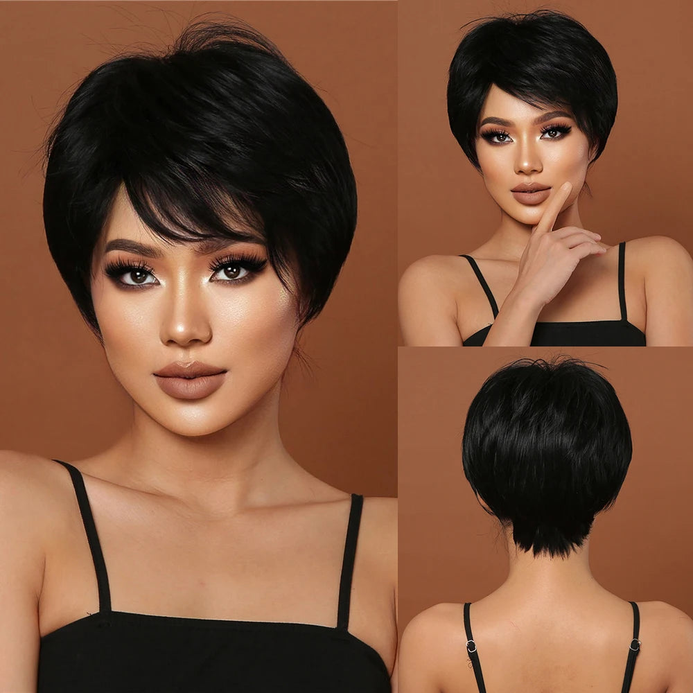 Crown & Glory Wigs EASIHAIR Short Honey Brown Synthetic Wigs for Women Layered Natural Hair Wigs Free Part Short Hair Daily Wig Heat Resistant