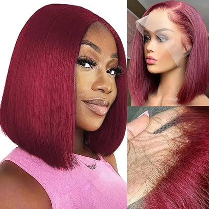 Crown & Glory Wigs  Short 99J Burg Color Bob Wig Peruvian Straight HD Lace Front Human Hair Wigs For Women Reddish Red Lace Part Wig With Baby Hair