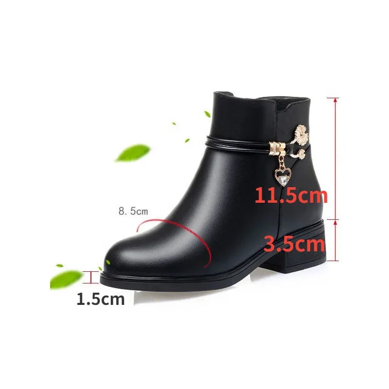 Woman shoes Women's Rhinestone Leather Boots Autumn Winter Warm Cotton Shoes Low Heel Round Head Side Zip Footwear Botas Para Mujeres