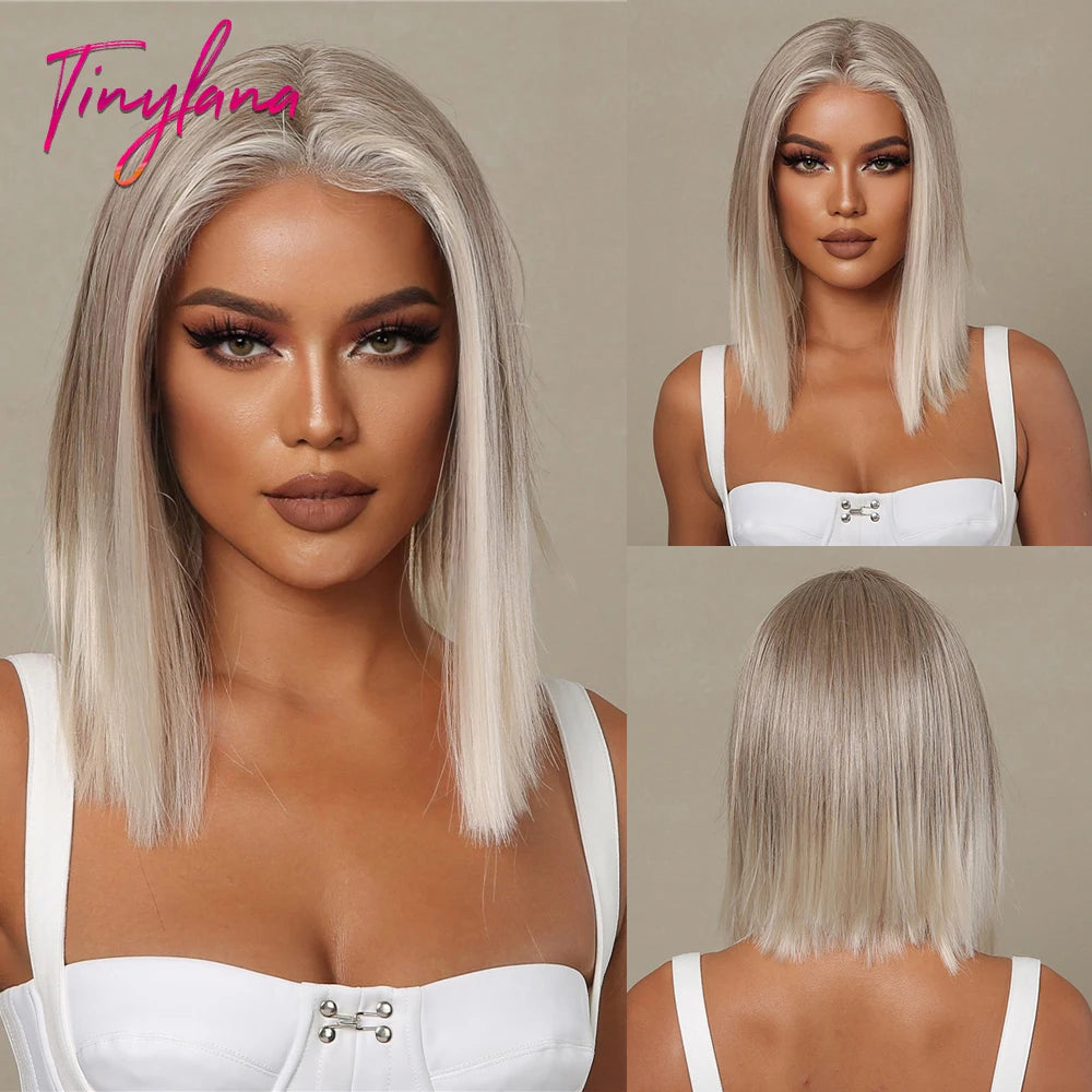 Crown & Glory Wigs   Brown Blonde Lace Front Wigs Short Straight Bob Synthetic Lace Frontal Wig with Baby Hair for Women Blunt Cut Natural Daily Hair