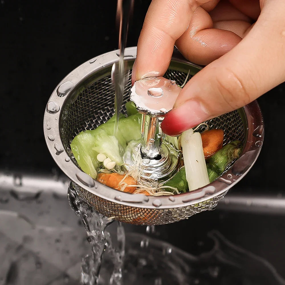 kitchen  Wholesale Kitchen Sink Strainers with Handle Stopper Sink Drain Basket Stainless Steel Mesh Filter Waste Hole Trap Strainer