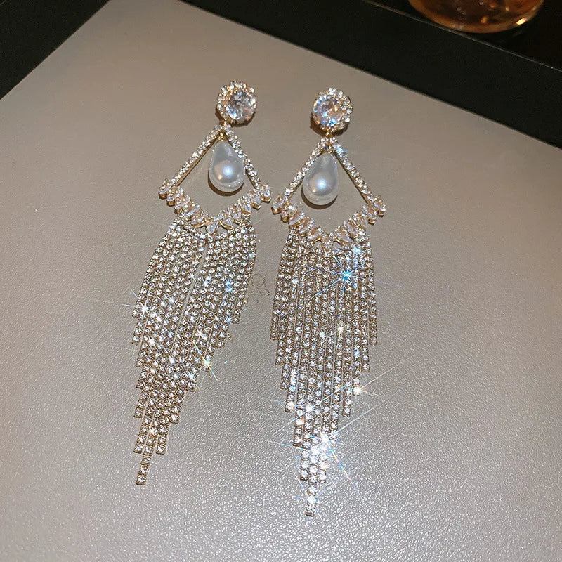 Jewellery   Geometric Hollow Pearl Long Tassel Drop Earrings for Women Silver Gold Color Rhinestone Earring Party Wedding Jewelry