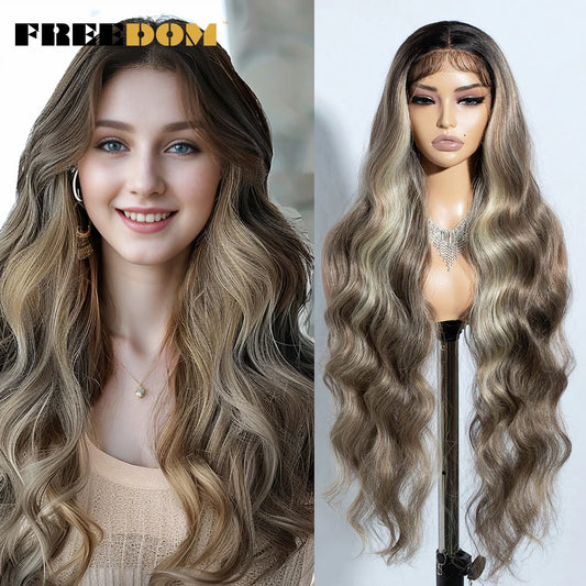 Crown & Glory Wigs   FREEDOM Synthetic Lace Front Wigs For Women 36" Long Body Wave Lace Wig Ombre Brown Blonde Highlight Cosplay Wigs Heat Resistant