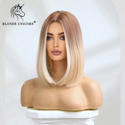 Crown & Glory Wigs  Blonde Unicorn Synthetic Wig Medium Long Ombre Blonde to Platinum For Women Daily Party Cosplay Wigs Heat Resistant Fiber Hair