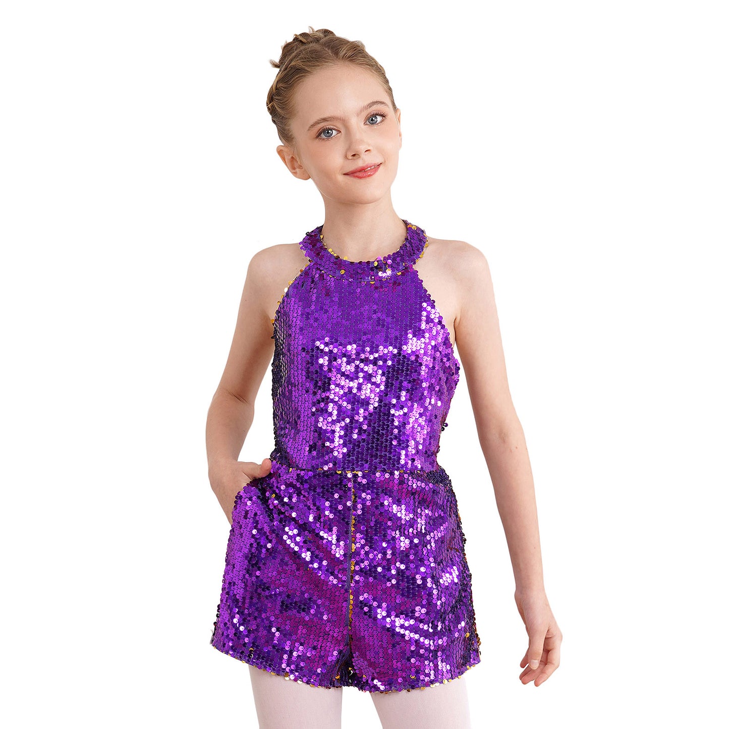 Girl clothing Kids Girls Shiny Sequin Halter Party Bodysuit Christmas Birthday Wedding Evening Costume Jazz Dance Stage Performance Jumpsuit