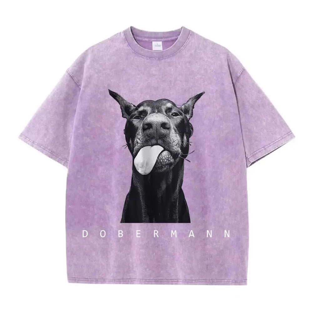 Woman clothing   Cotton Washed T-Shirts Fashion Creativity Doberman Printing Short Sleeve