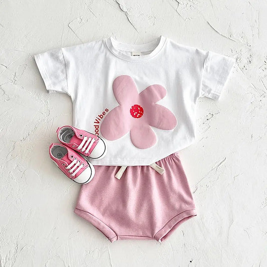 Girl clothing Toddler Boys Outfit Baby Clothes Set Newborn Baby Summer Clothing Cotton Girl Suit Sun Flower Print T-shirt+Beach Shorts