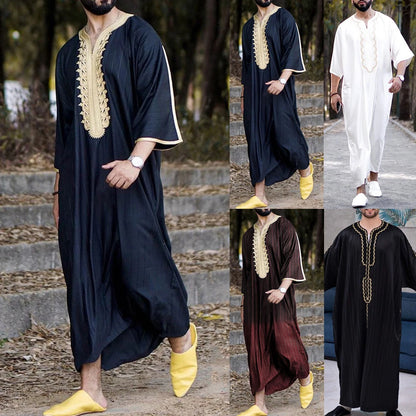 Muslim family  Stripe Jubba Kaftan Dishdash Thobe Saudi Arab Muslim Clothing Long Sleeve Maxi Robe New Caftan Dubai Robe A50