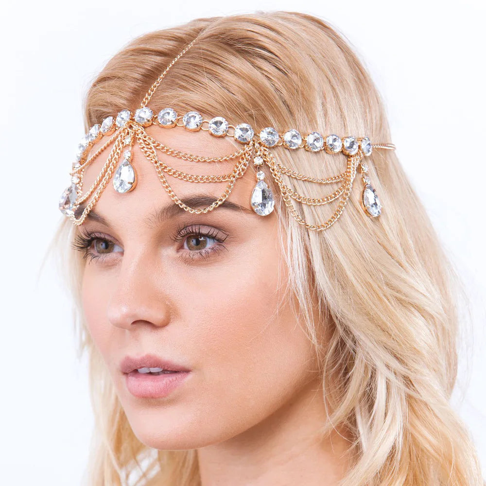 Jewellery   Vintage Trend Rhinestone Head Chain Forehead Headband Indian African Bohemian Hair Accesories Crystal Fringe Tiara Headdress