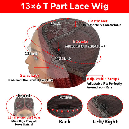 Crown & Glory Wigs  Short 99J Burg Color Bob Wig Peruvian Straight HD Lace Front Human Hair Wigs For Women Reddish Red Lace Part Wig With Baby Hair