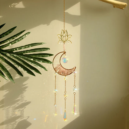 Outdoor Moon and Lotus Prism Suncatcher Natural Stone Dreamcatcher Hanging Crystal Sun Catcher Rainbow Maker outdoor  Garden indoor Window Decoration