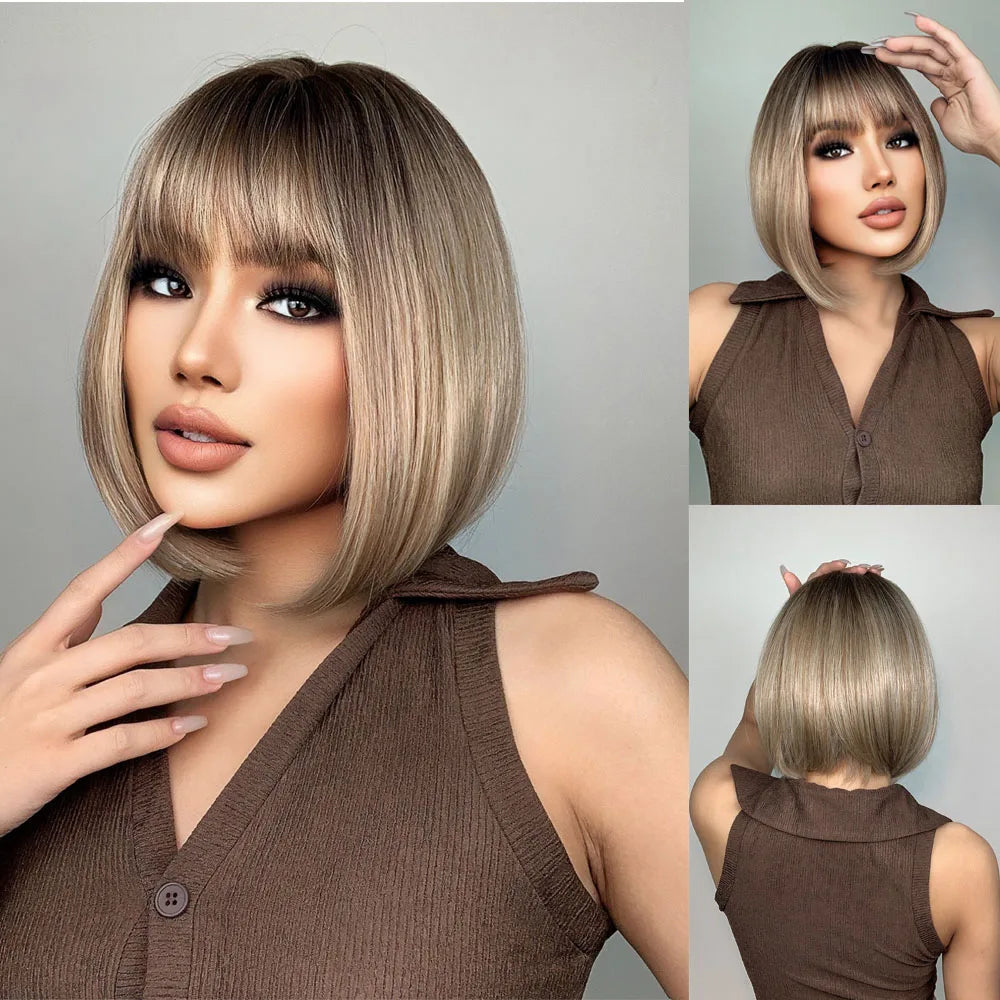 Crown & Glory Wigs HENRY MARGU Dark Root Ombre Brown Blonde Short Hair Wigs Fluffy Pixie Cut Synthetic Wig for Black White Women Heat Resistant