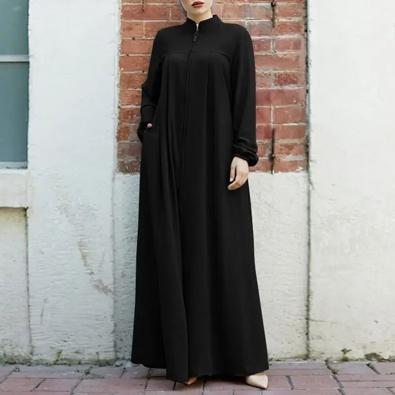 Muslim Family   Jalabiya Dress Women Long Sleeve Muslim Eid Casual Solid Color Abaya Caftan Kaftan Dresses Ramadan Abayas Vestido Zipper Robe