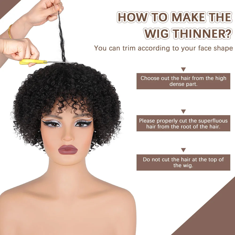 Crown & Glory Wigs  Short Curly Pixie Cut Wig with Bangs Glue less Afro Kinky Curly Brazilian Human Hair Wigs For Women Ready to Go Machine Made Wig