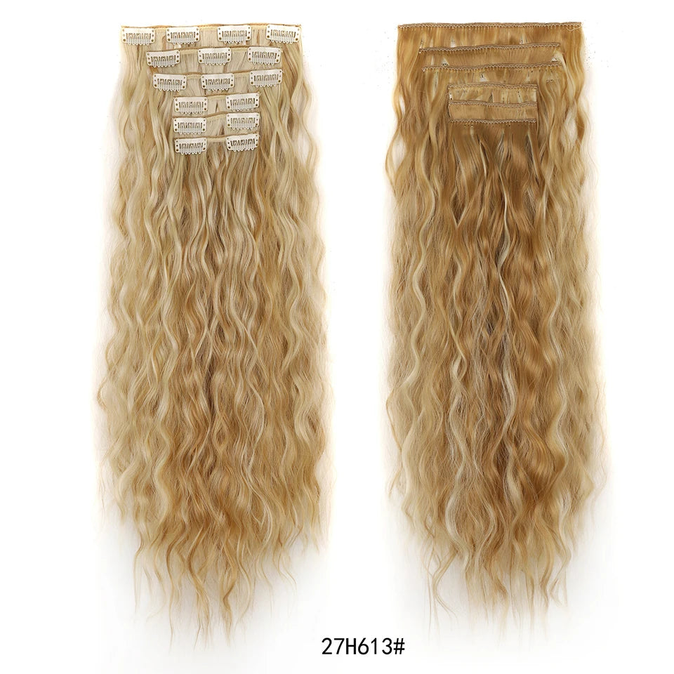 Crown & Glory Wigs  16Clips Clip In Hair Extension Long Wavy Synthetic Wigs For Women 6Pcs/Set 20Inch Corn Curly Fake Hairpiece Heat Resistant Fiber