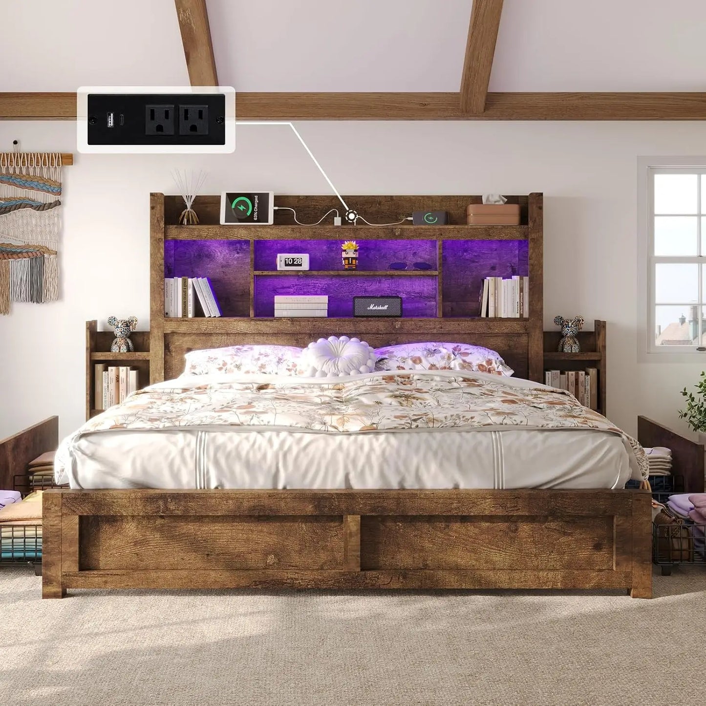 Living Room Queen Bed Frame with 49.6" Bookcase Headboard & 2 Bedside Stoage Racks & Drawers,Wood Bed Frame with RGB LED & Charging Station