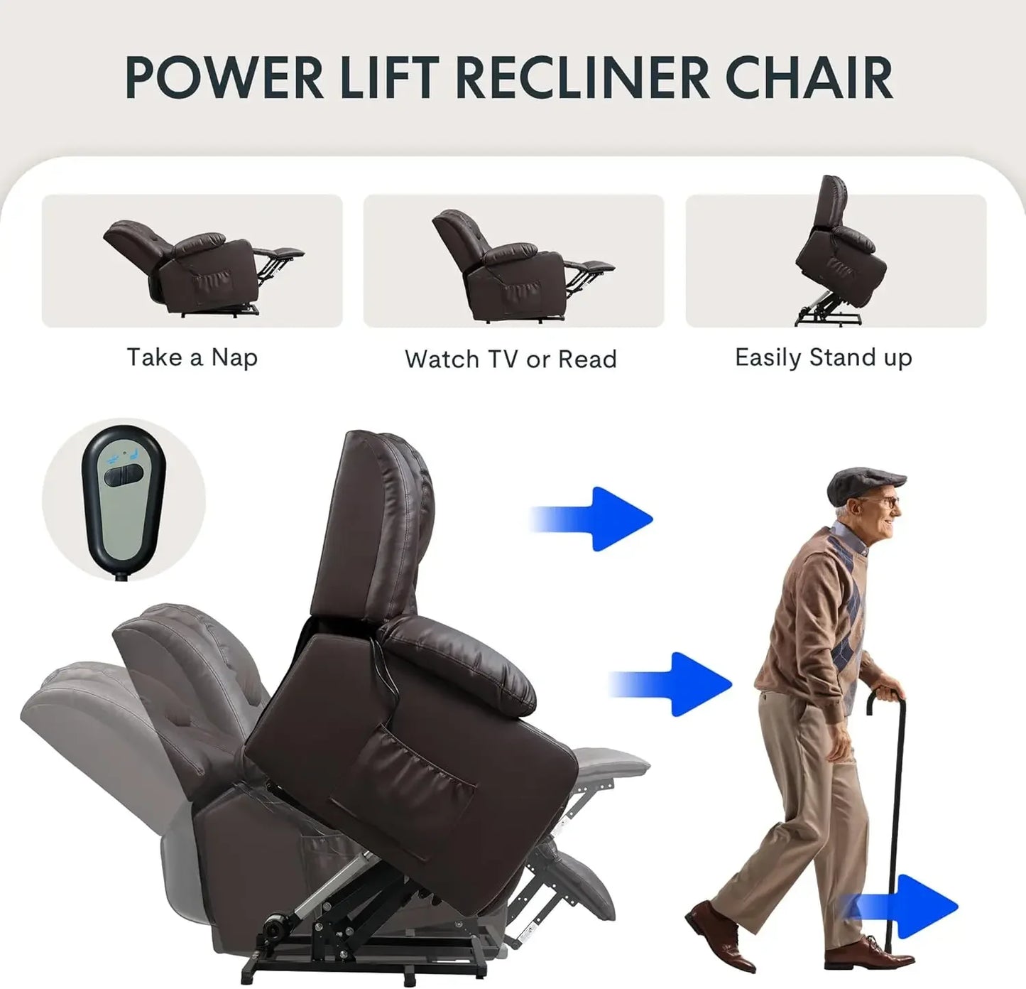 Living Room Power Lift Recliner Chair, Electric Leather Lift Recliner Chair W/Massage & Heat Cup Holders Lift Reclining Chair Sofa, Recliner