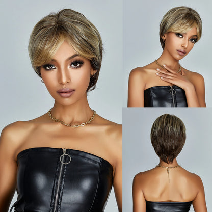 Crown & Glory Wigs EASIHAIR Short Honey Brown Synthetic Wigs for Women Layered Natural Hair Wigs Free Part Short Hair Daily Wig Heat Resistant