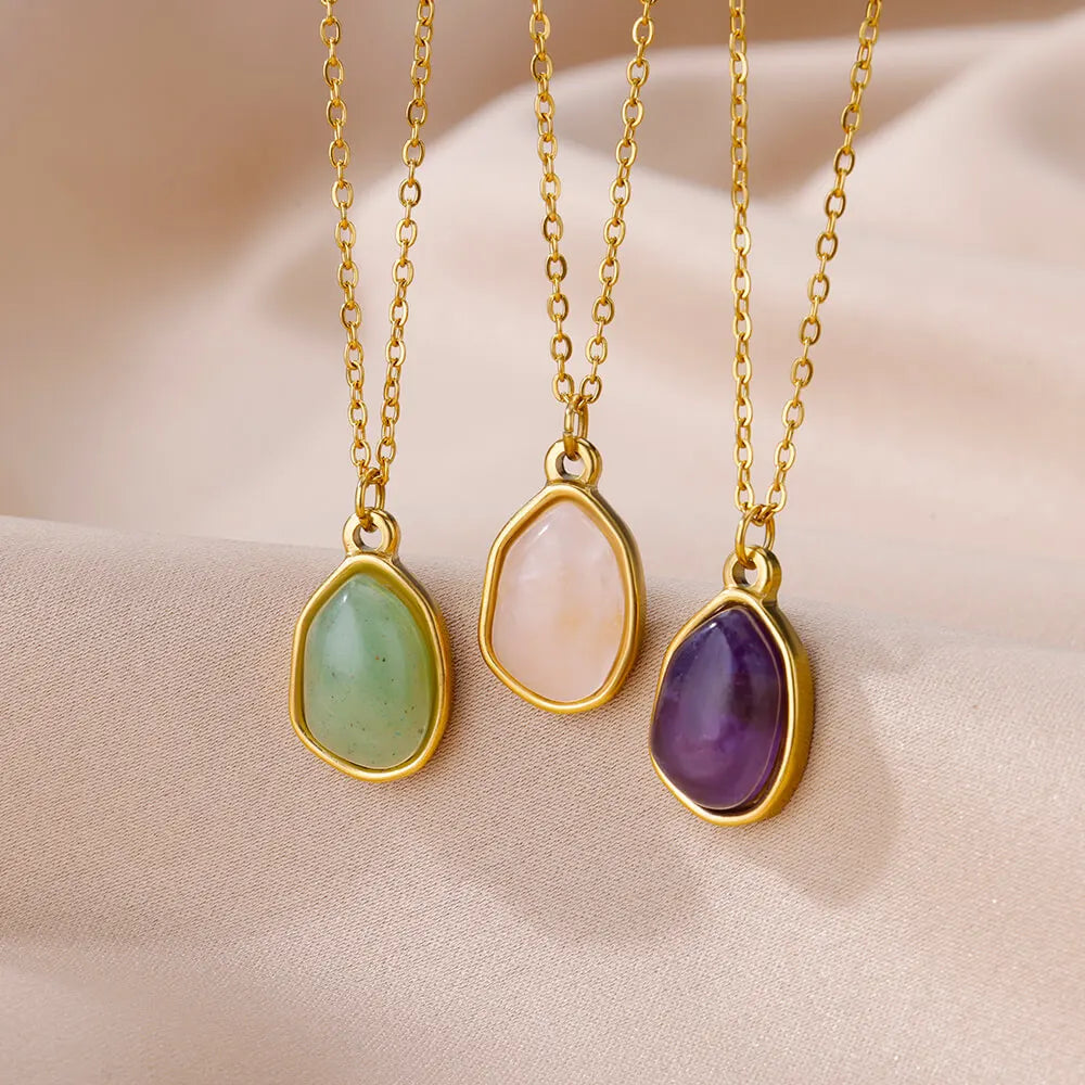 Jewellery   Oval Opal Pendant Necklace For Women Stainless Steel Gold Color Chain Collar Cute Lucky Jewelry Birthday Gift New Free Shipping