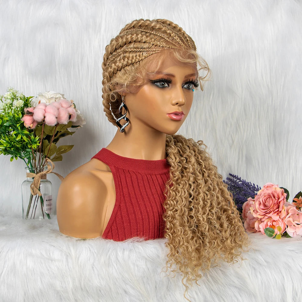 Crown & Glory Wigs  28 Inch Blonde Colour Synthetic Lace Front Braided Wigs for Black Women Crochets Braids Hair Wig Pre Plucked with Baby Hair