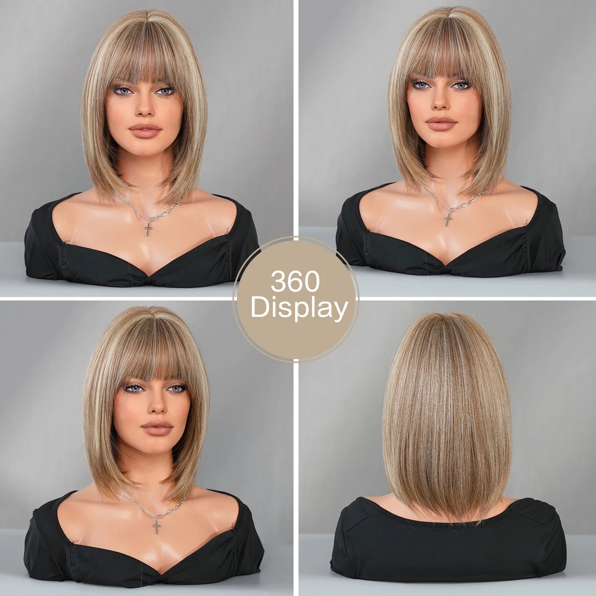 Crown & Glory Wigs NAMM Straight Light Brown Bob Wigs for Women Party Use With Neat Bangs Highlight Blonde High Density Synthetic Wig