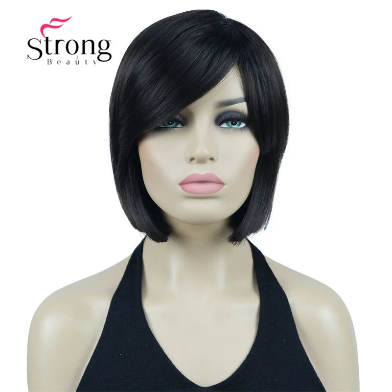 Crown & Glory Wigs Strong Beauty Women's Brown Short Straight Bob Wig with Side Bangs Synthetic Full Hair Wigs Heat Resistant