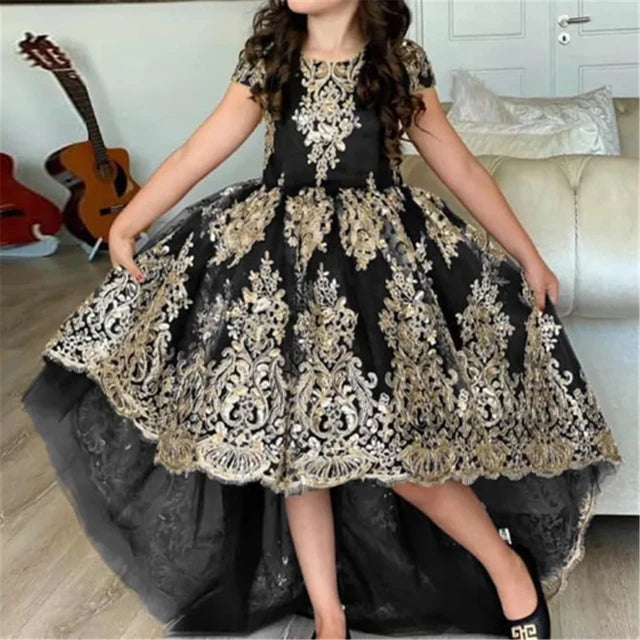 Girl clothing   Black Flower Girl Dress For Wedding Gold Lace Appliques High-Low Length Girl Kids Birthday Party First Holy Communion Gown