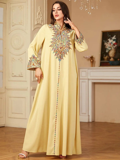 Muslim family   Siskakia Embroidery V-Neck Long Dress Dubai Arab Abaya For Muslim Woman Loose Moroccan Saudi Ethnic Jalabiya Fashion Robe 2024