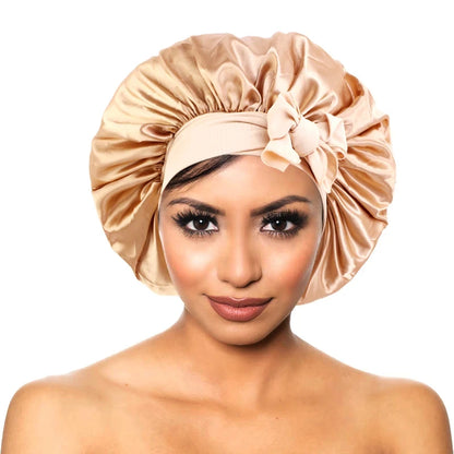 Style & Shine Hair  Satin Solid  Silky Bonnets With Long Tie Bands Elastic Shower Cap Adjustable