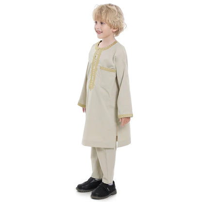 Muslim family   Muslim Children Robe 2 Piece Set Kids Boy Round Neck Long Sleeve Printed Dress Shirt Abaya Kaftan Jubba Thobe Islamic Clothing