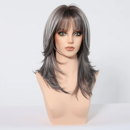 Crown & Glory WigsHENRY MARGU Grey Layered Synthetic Natural Wig Medium Length Straight Wig with Bangs for Women Daily Party Wigs Heat Resistant