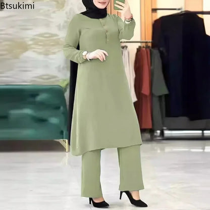 Muslim Family  Arab Women Blouse Muslim Fashion Matching Sets Women's Elegant Tracksuit Casual Solid Shirt+Wide Leg Pants Suit Modest Clothing