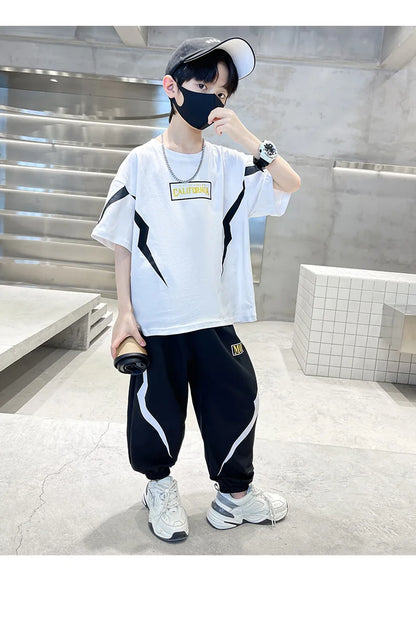 Boy  clothing   Summer Boys Cotton Alphabet Lightning T-Shirt Tops+Sweatpant School Kids 2PCS Tracksuit Child Jogger Outfit Workout Set 5-14 Yr