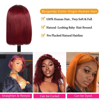 Crown & Glory Wigs  Short 99J Burg Color Bob Wig Peruvian Straight HD Lace Front Human Hair Wigs For Women Reddish Red Lace Part Wig With Baby Hair