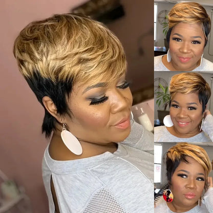 Crown & Glory Wigs  WIGERA Highlight Synthetic Short Straight Pixie Cut Hair Bob Wig Ombre Honey Blonde Mix Black Bronw Layered Hair Wigs For Woman