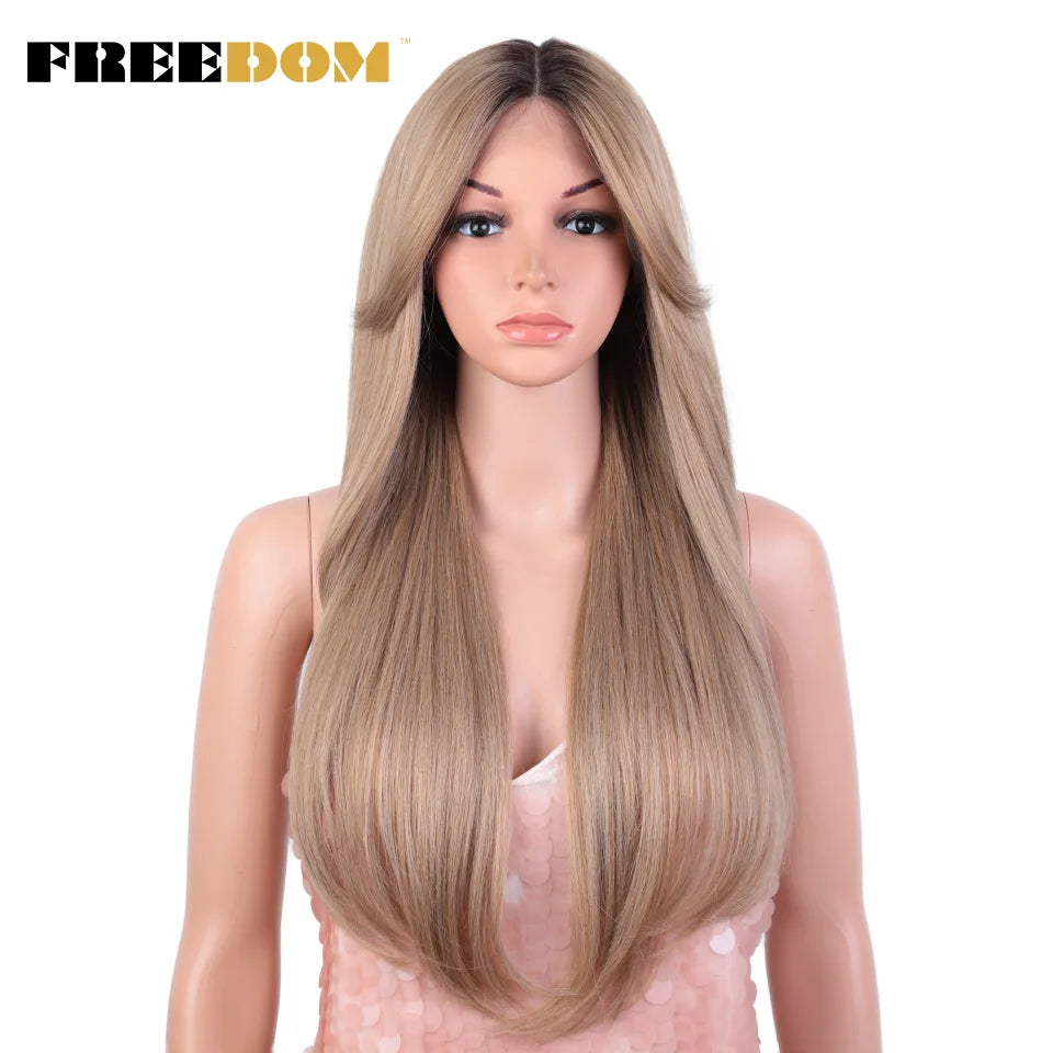 Crown & Glory Wigs   FREEDOM Synthetic Lace Front Wigs For Black Women 26 inch Straight Wigs Ombre Blond Cosplay Wig Synthetic Lace Wig With Bangs