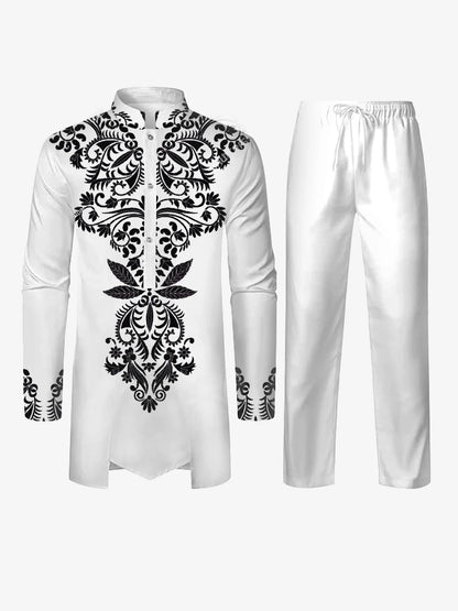 Muslim family   New Muslim Men's Robe Black Yellow Black Long Sleeve Pants Arab Men's Suit New Pattern Printed Multi Color Combination Matching