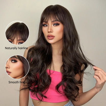 Crown & Glory Wigs EASIHAIR Dark Brown Long Wavy Synthetic Wig with Bangs Natural Wave Cosplay Daily Use Hair Wigs for Women Afro Heat Resistant