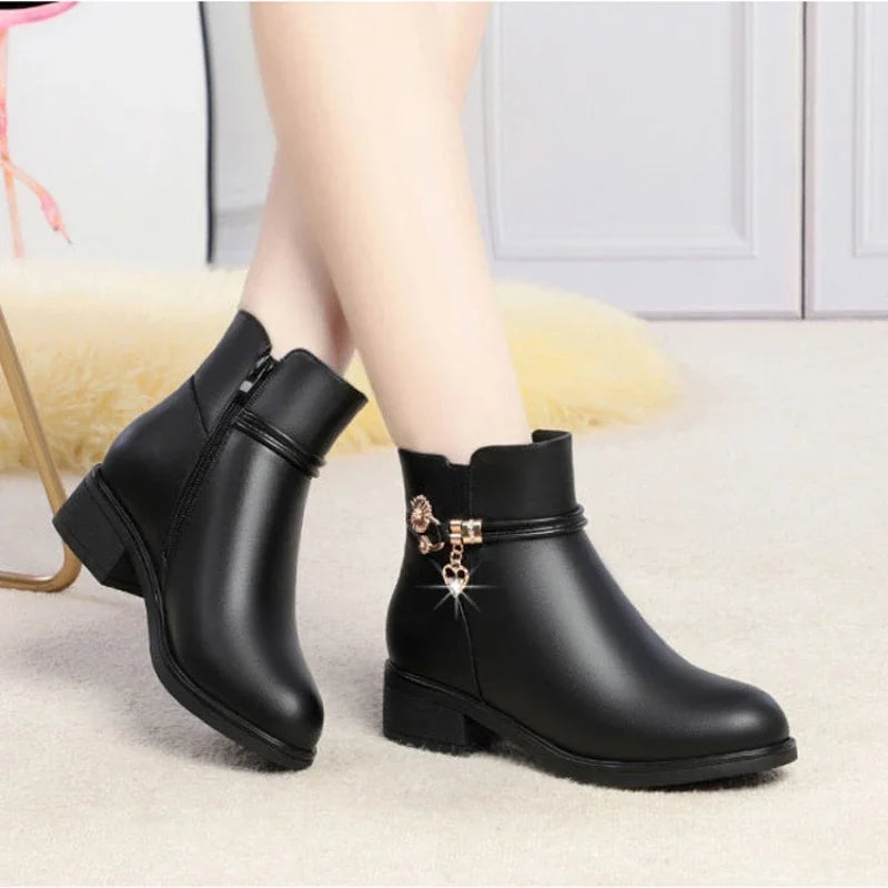 Woman shoes Women's Rhinestone Leather Boots Autumn Winter Warm Cotton Shoes Low Heel Round Head Side Zip Footwear Botas Para Mujeres