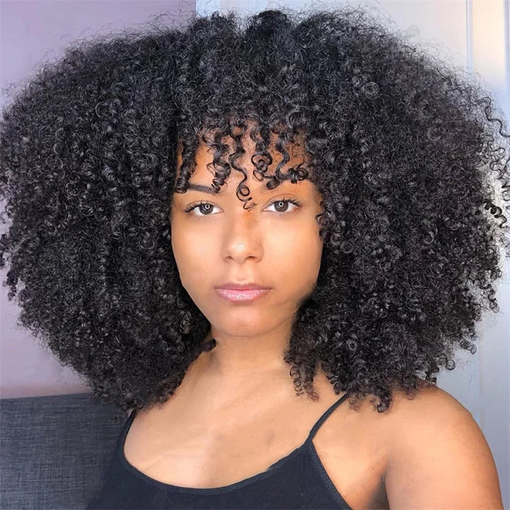 Crown & Glory Wigs  Afro Kinky Curly Wig With Bangs Brazilian Short Curly Human Hair Wigs For  Women Full Machine Made Wig Remy Natural Colour